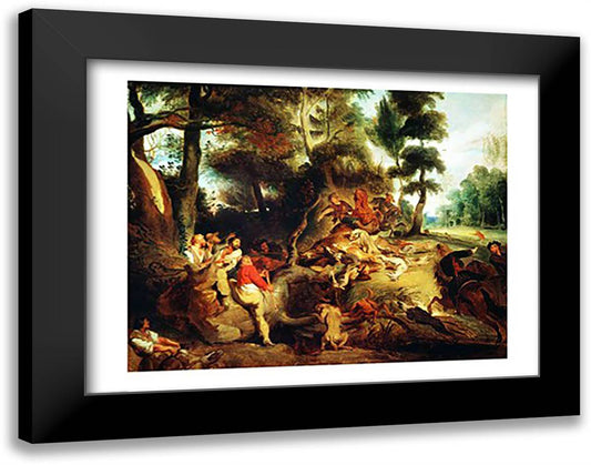 The Wild Boar Hunt 28x22 Black Modern Wood Framed Art Print Poster by Delacroix, Eugene