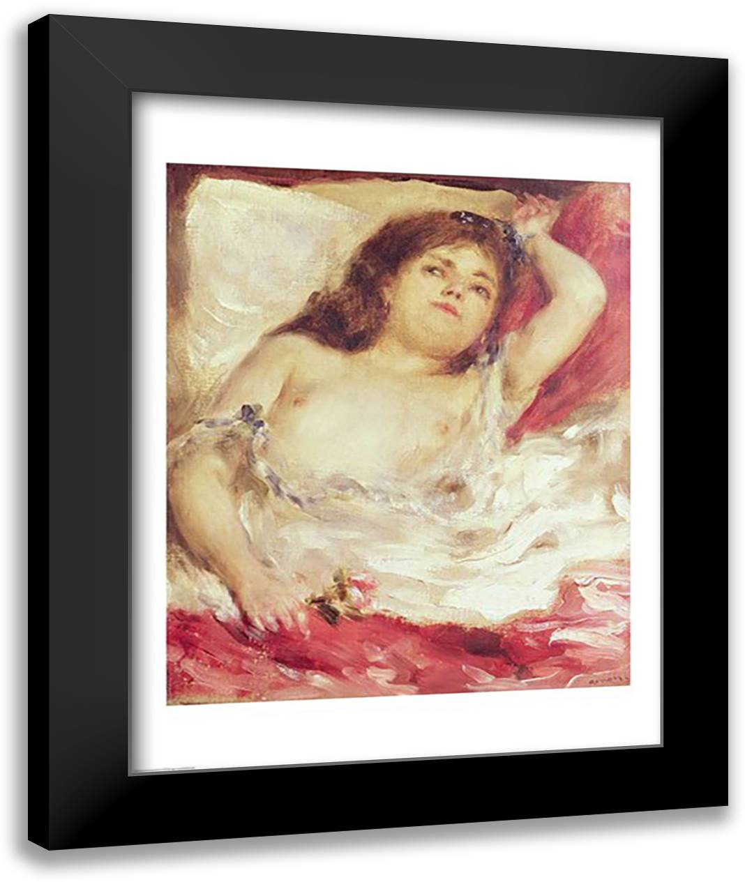 Semi-Nude Woman in Bed: The Rose, before 1872 22x28 Black Modern Wood Framed Art Print Poster by Renoir, Pierre-Auguste