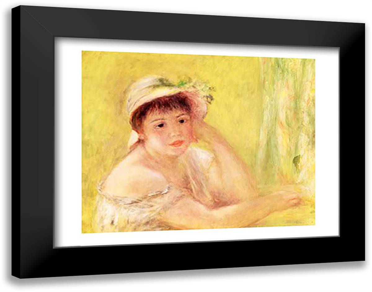 Woman in a Straw Hat, 1879 28x22 Black Modern Wood Framed Art Print Poster by Renoir, Pierre-Auguste