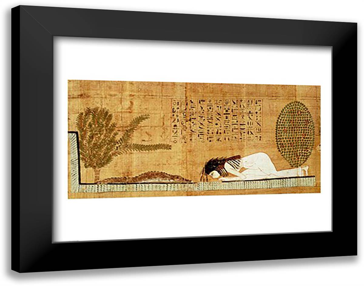 Funerary papyrus depicting the deceased prostrate in front of the crocodile 28x22 Black Modern Wood Framed Art Print Poster