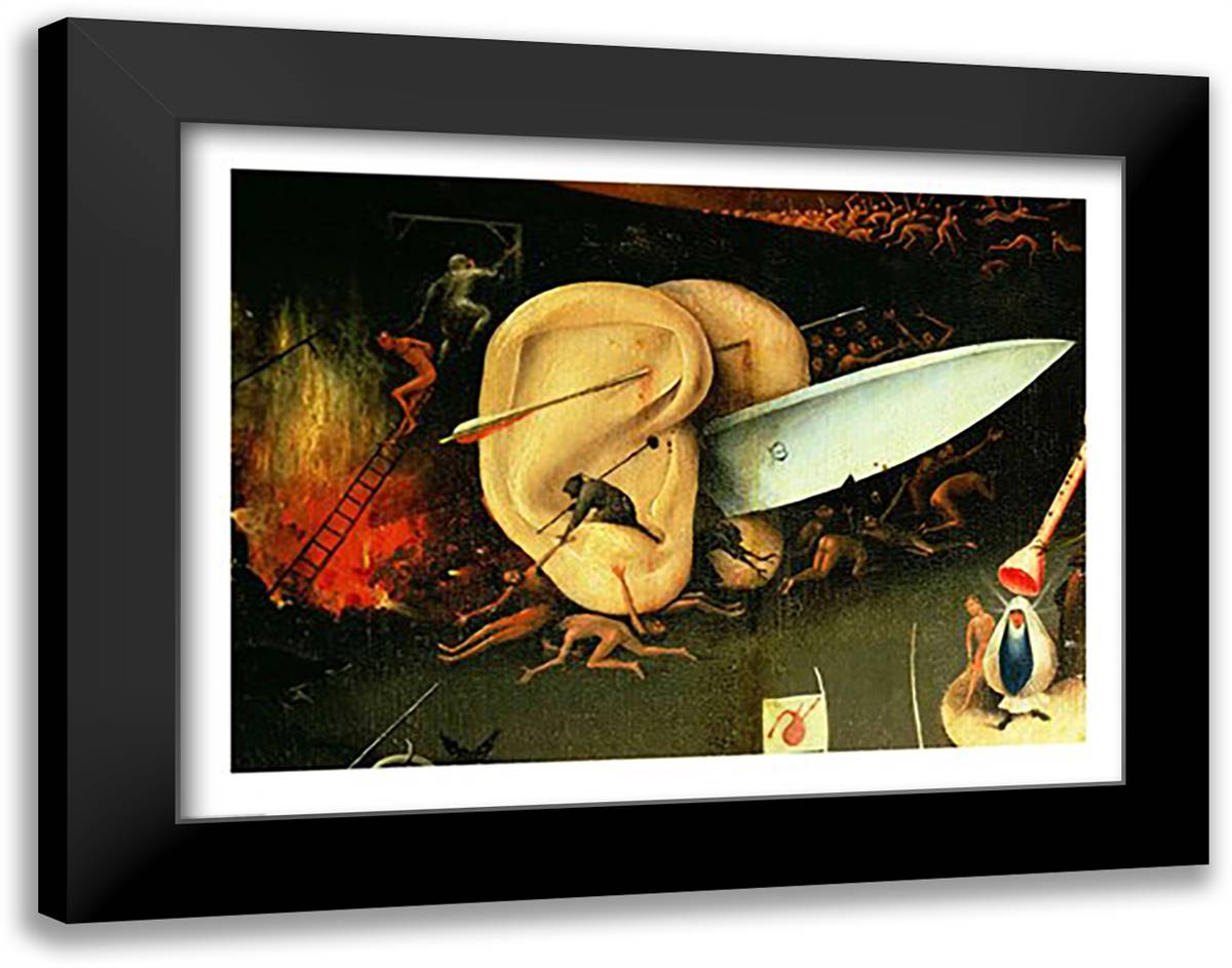 The Garden of Earthly Delights: Hell, right wing of triptych, detail of ears with a knife, c.1500 28x22 Black Modern Wood Framed Art Print Poster by Bosch, Hieronymus