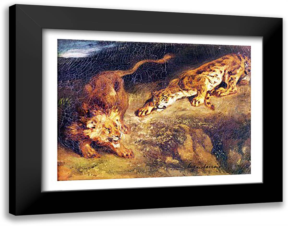 Tiger and Lion 28x22 Black Modern Wood Framed Art Print Poster by Delacroix, Eugene