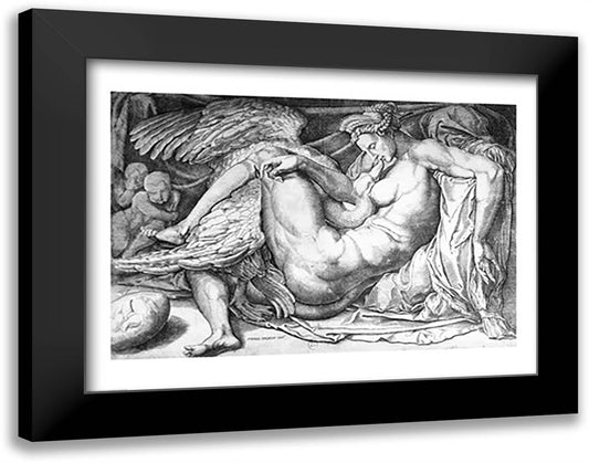 Leda, engraved by Jacobus Bos, Boss or Bossius 28x22 Black Modern Wood Framed Art Print Poster by Michelangelo