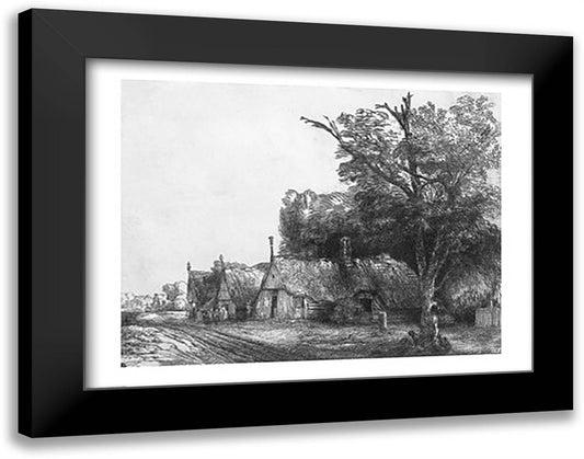 Landscape with Three Cottages, 1650 28x22 Black Modern Wood Framed Art Print Poster by Rembrandt