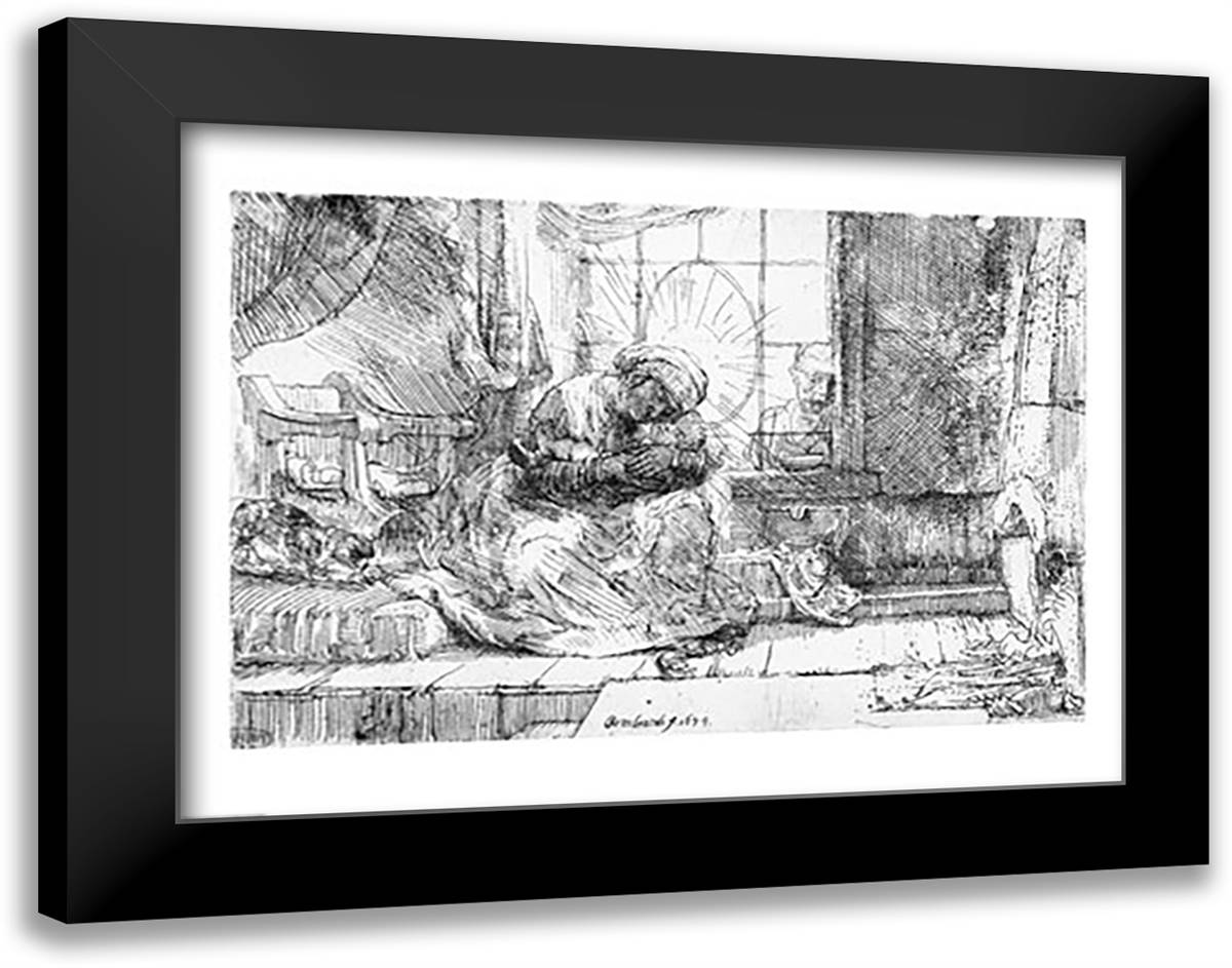 The Holy Family with a cat, 1654 28x22 Black Modern Wood Framed Art Print Poster by Rembrandt