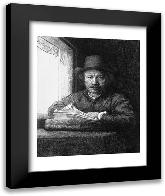 Self portrait while drawing, 1648 22x28 Black Modern Wood Framed Art Print Poster by Rembrandt