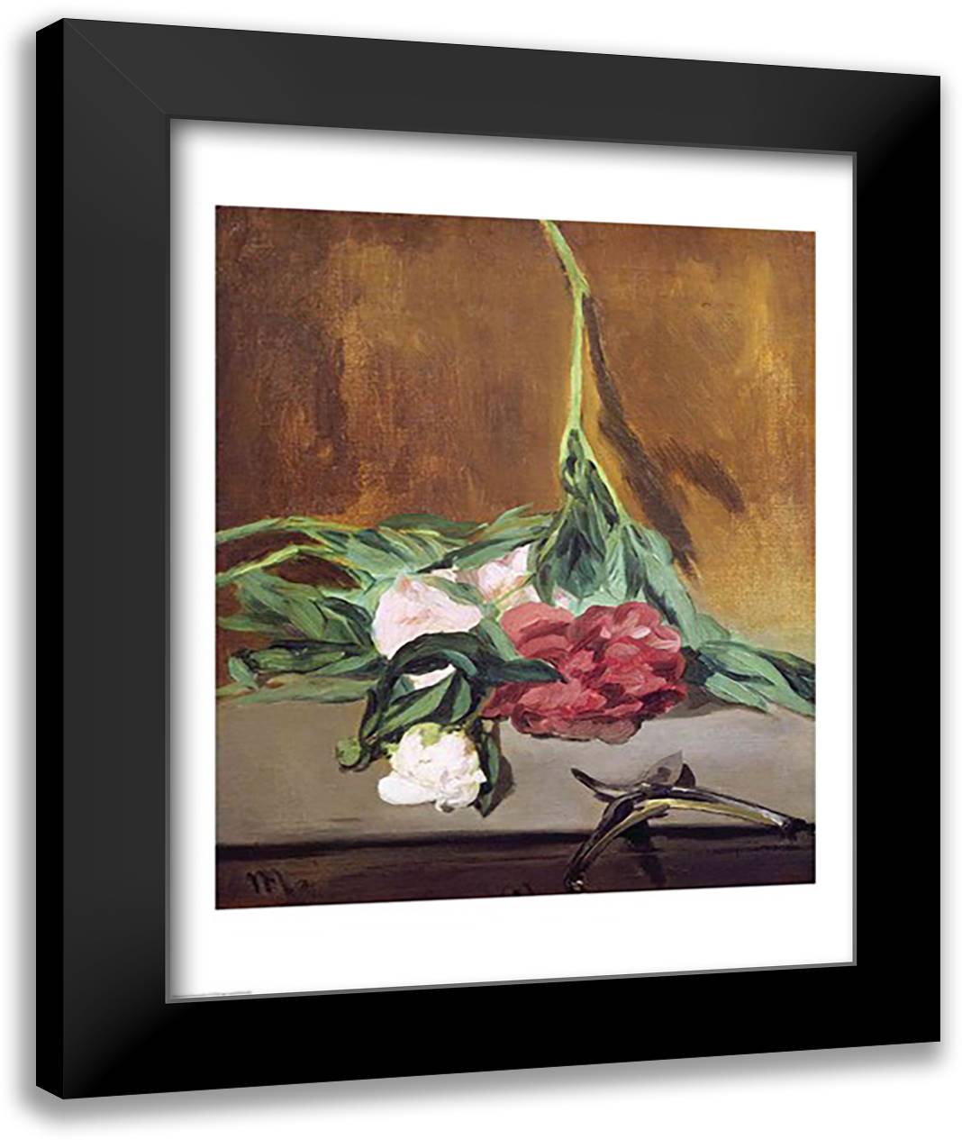Stem of Peonies and Secateurs, c.1864 22x28 Black Modern Wood Framed Art Print Poster by Manet, Edouard