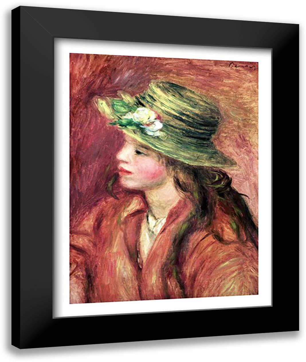 Young Girl in a Straw Hat 22x28 Black Modern Wood Framed Art Print Poster by Renoir, Pierre-Auguste