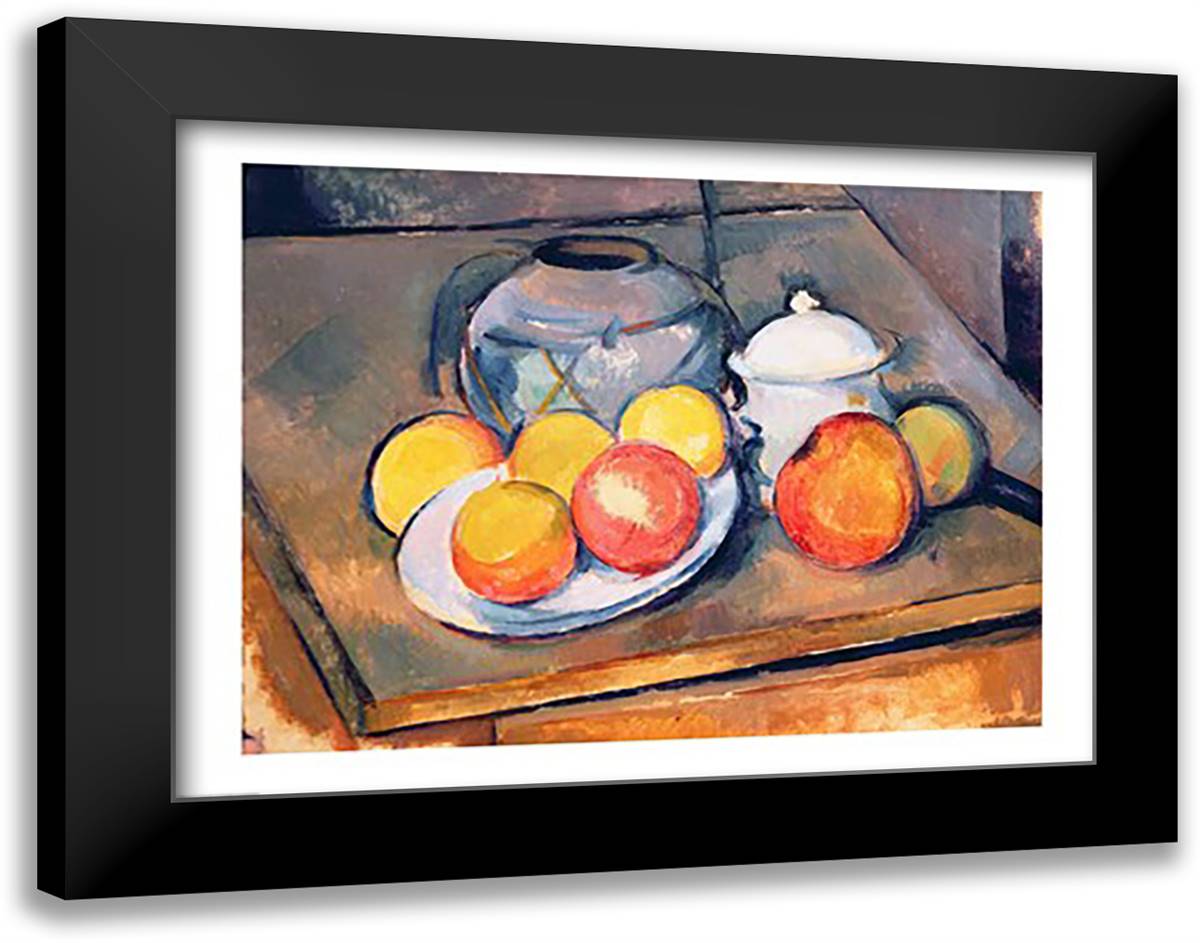 Straw-covered vase, sugar bowl and apples, 1890-93 28x22 Black Modern Wood Framed Art Print Poster by Cezanne, Paul