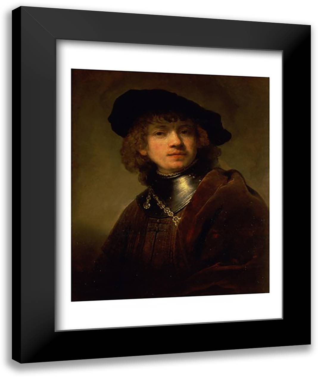 Tronie' of a Young Man with Gorget and Beret, c.1639 22x28 Black Modern Wood Framed Art Print Poster by Rembrandt