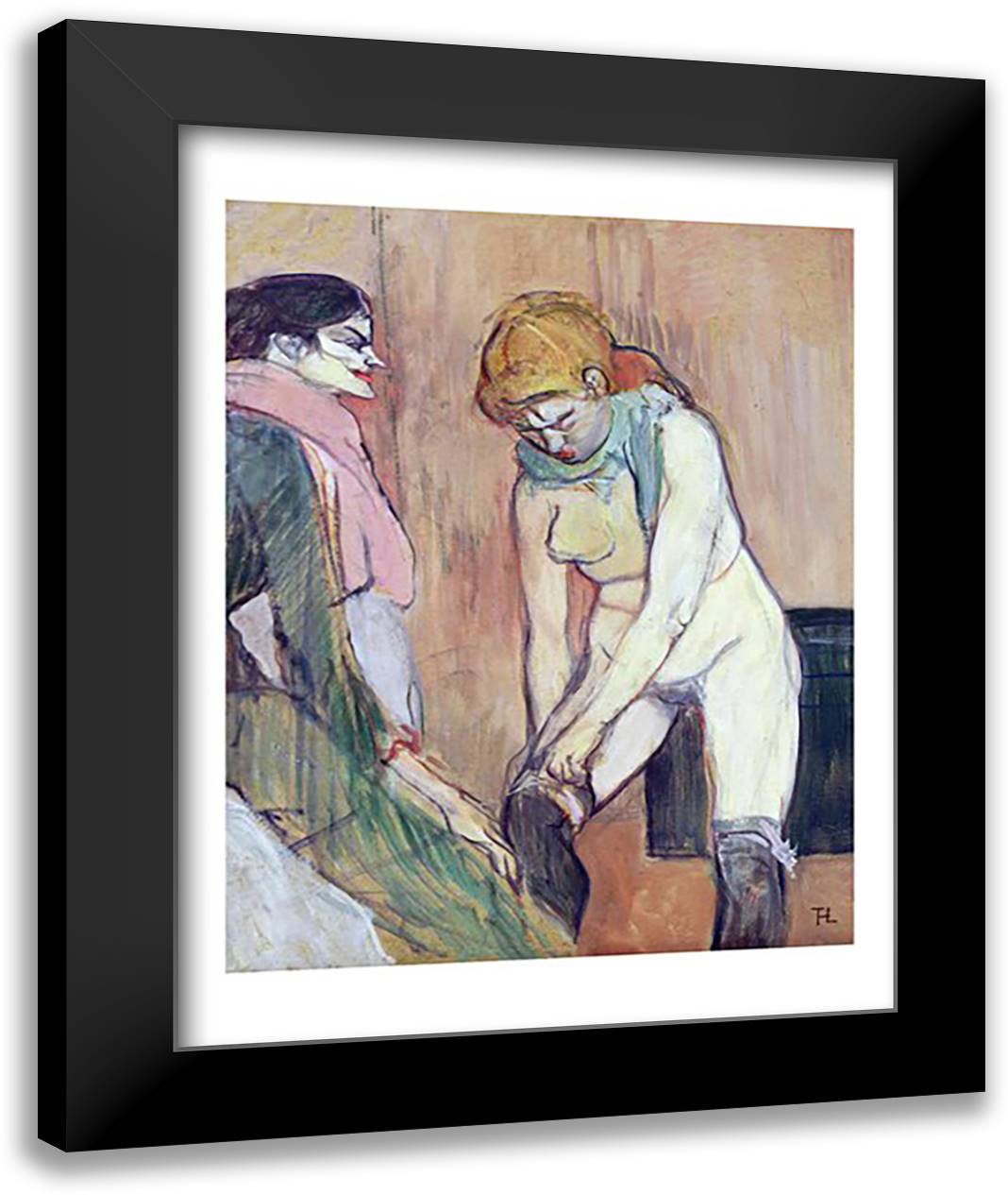Woman Putting on her Stocking 22x28 Black Modern Wood Framed Art Print Poster by Toulouse-Lautrec, Henri de