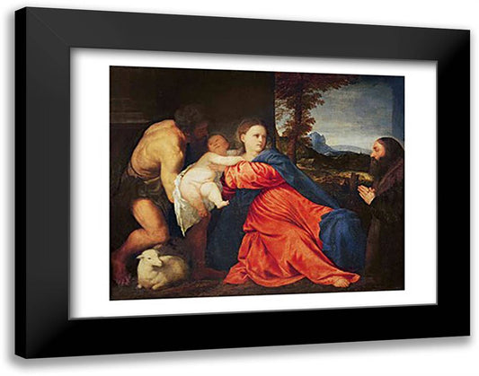 Virgin and Infant with Saint John the Baptist and Donor 28x22 Black Modern Wood Framed Art Print Poster by Titian