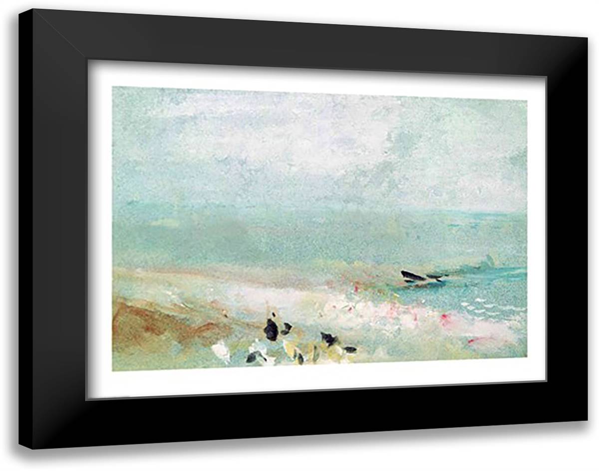 Beach with figures and a jetty. c.1830 28x22 Black Modern Wood Framed Art Print Poster by Turner, J.M.W.