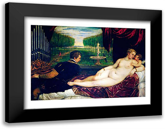 Venus with an Organist and Cupid 28x22 Black Modern Wood Framed Art Print Poster by Titian