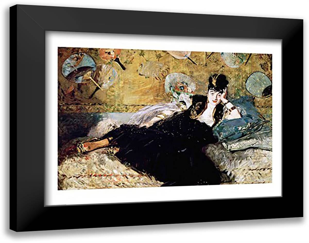 The Lady with Fans 28x22 Black Modern Wood Framed Art Print Poster by Manet, Edouard