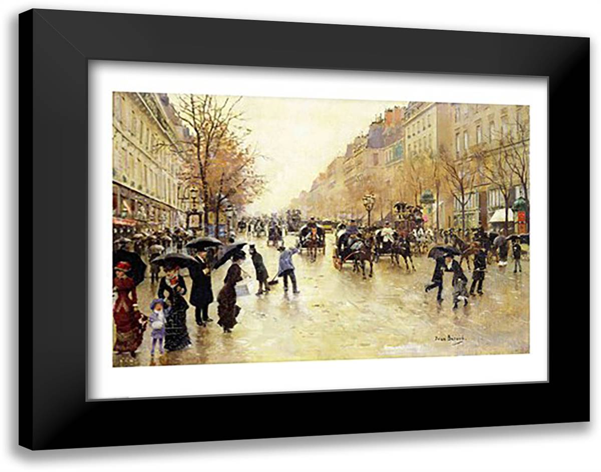 Boulevard Poissonniere in the Rain 28x22 Black Modern Wood Framed Art Print Poster by Beraud, Jean