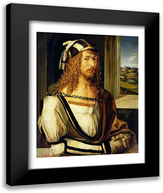 Self Portrait with Gloves, 1498 22x28 Black Modern Wood Framed Art Print Poster by Durer, Albrecht