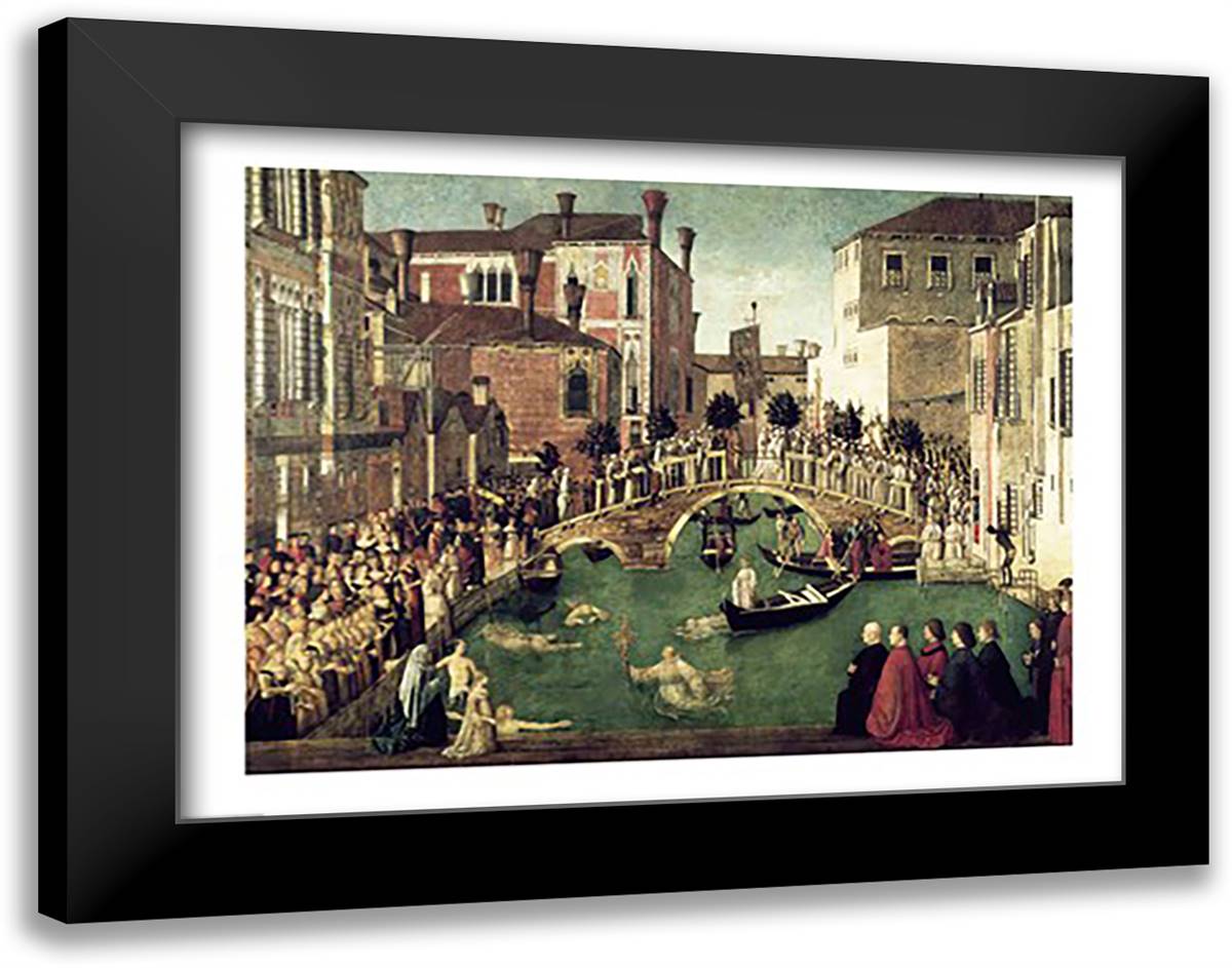 The Miracle of the Cross on San Lorenzo Bridge 28x22 Black Modern Wood Framed Art Print Poster by Bellini, Giovanni