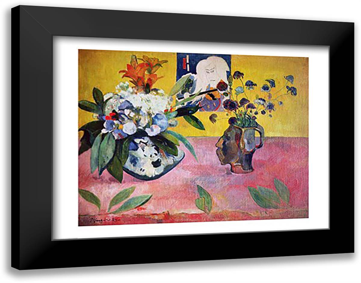 Flowers and a Japanese Print, 1889 28x22 Black Modern Wood Framed Art Print Poster by Gauguin, Paul