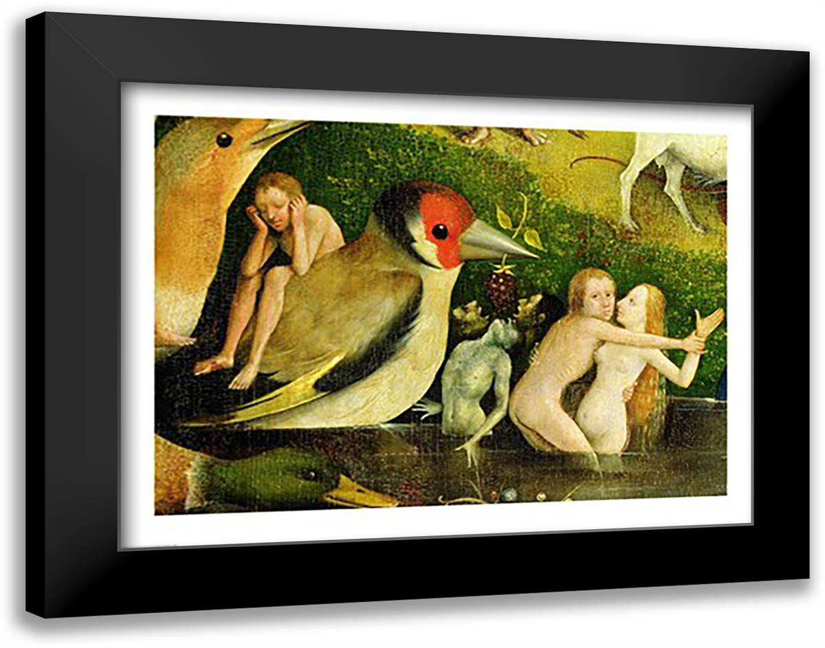The Garden of Earthly Delights: Allegory of Luxury, central panel of triptych, detail of couple in the water and a bird, c.1500 28x22 Black Modern Wood Framed Art Print Poster by Bosch, Hieronymus