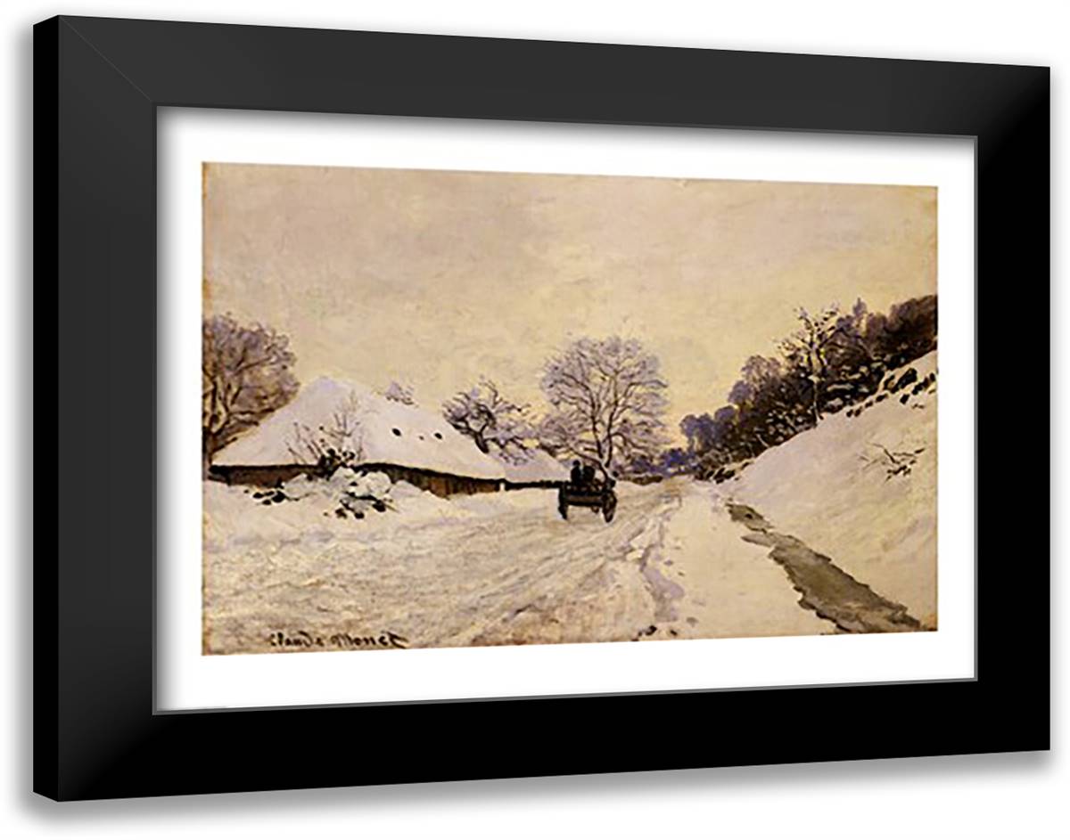 The Cart, or Road under Snow at Honfleur, 1867 28x22 Black Modern Wood Framed Art Print Poster by Monet, Claude