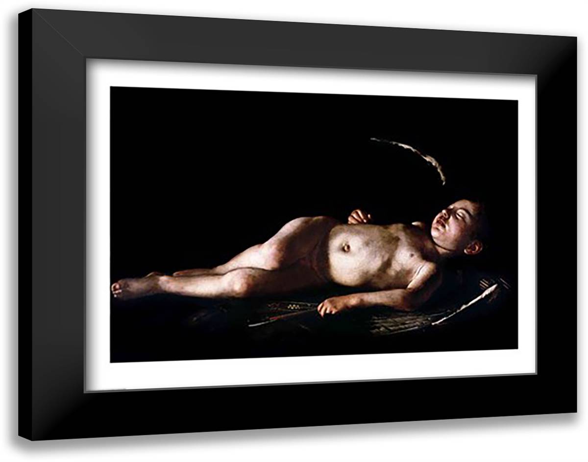 Sleeping Cupid, 1608 28x22 Black Modern Wood Framed Art Print Poster by Caravaggio