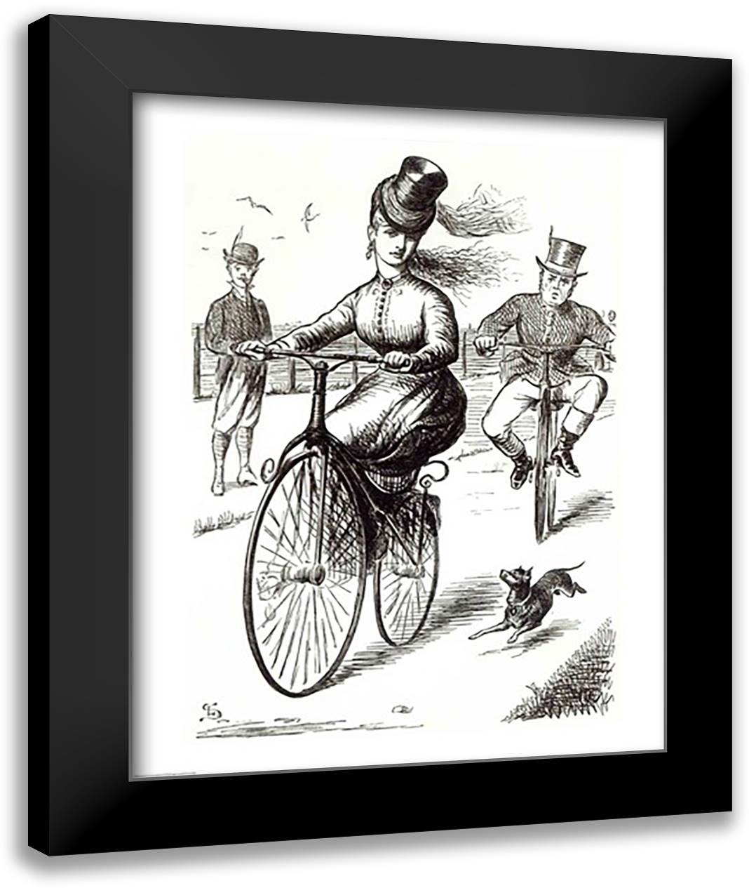 Cartoon of a Lady on a Velocipede, 1869 22x28 Black Modern Wood Framed Art Print Poster