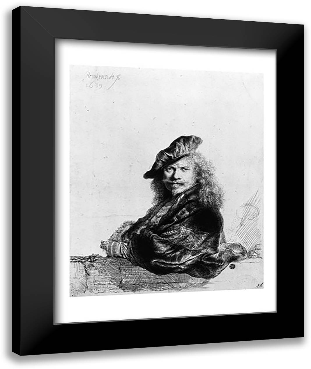 Self portrait leaning on a stone sill, 1639 22x28 Black Modern Wood Framed Art Print Poster by Rembrandt