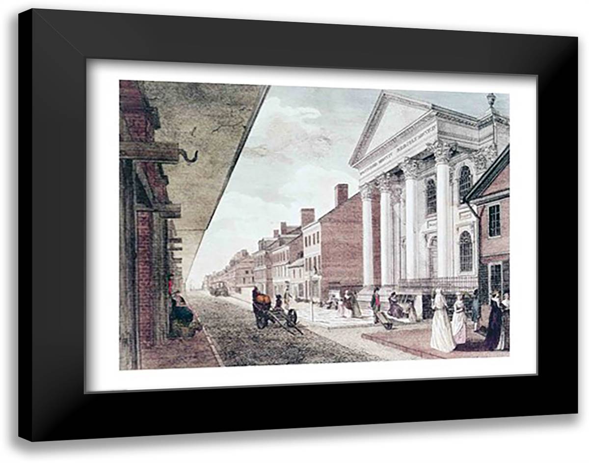 High street with the first Presbyterian Church, Philadelphia, 1799 28x22 Black Modern Wood Framed Art Print Poster