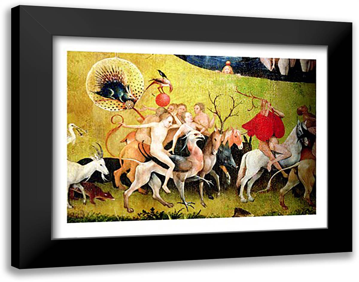 The Garden of Earthly Delights: Allegory of Luxury, detail of figures riding fantastical horses 28x22 Black Modern Wood Framed Art Print Poster by Bosch, Hieronymus