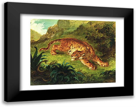 Tiger and Snake, 1858 28x22 Black Modern Wood Framed Art Print Poster by Delacroix, Eugene