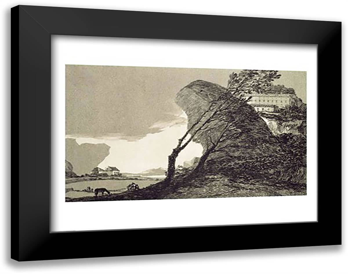 Landscape with Large Rocks, Buildings and Trees 28x22 Black Modern Wood Framed Art Print Poster by Goya, Francisco De