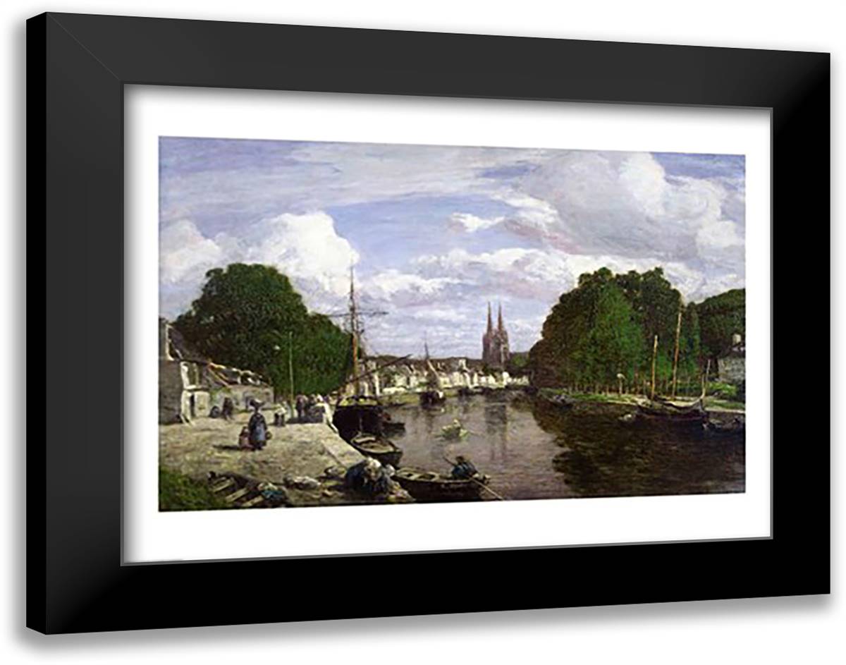 The Port at Quimper, 1857 28x22 Black Modern Wood Framed Art Print Poster by Boudin, Eugene Louis