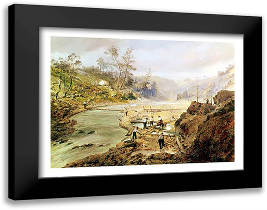 Fortyniners' washing gold from the Calaveres River, California, 1858 28x22 Black Modern Wood Framed Art Print Poster