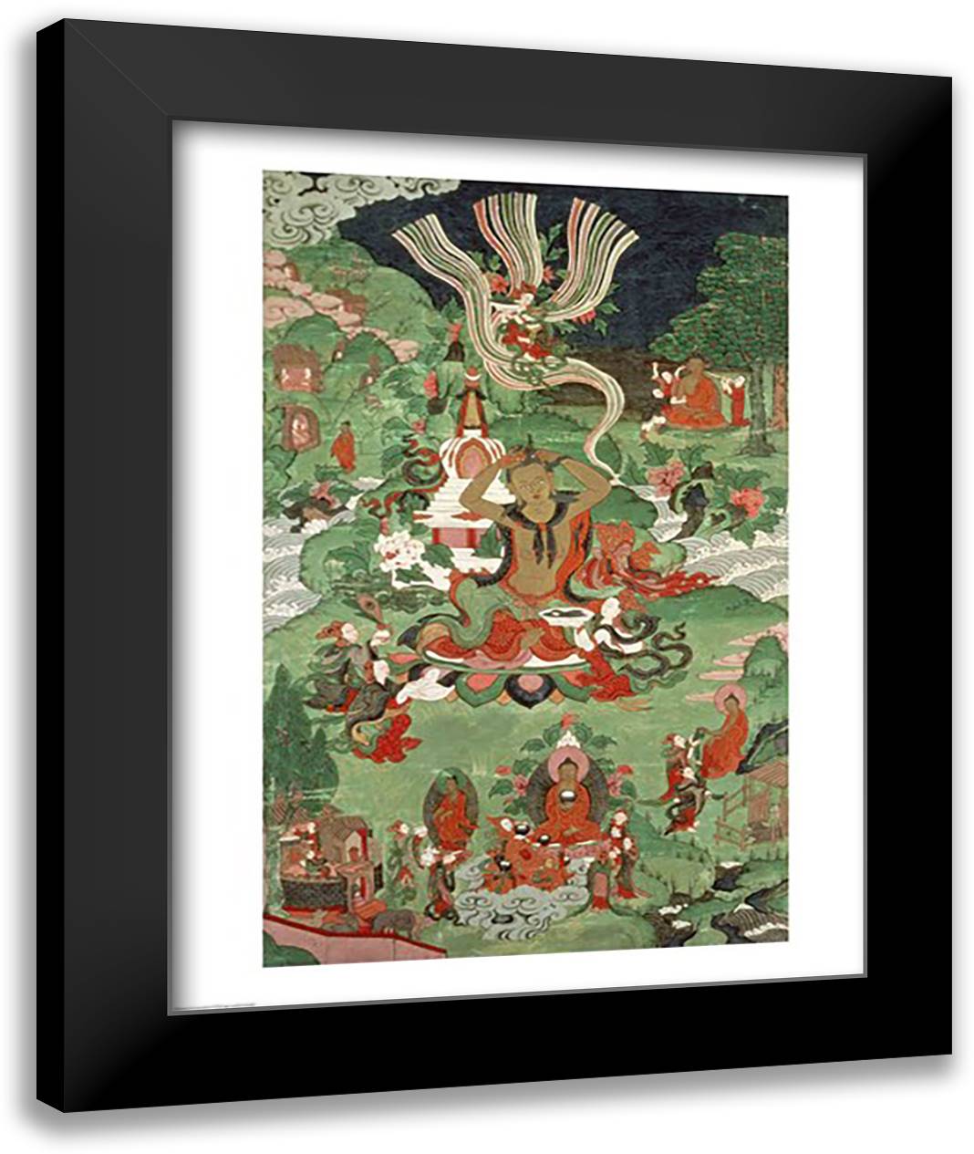 Buddha cutting a tuft of hair, Tibetan temple banner 22x28 Black Modern Wood Framed Art Print Poster