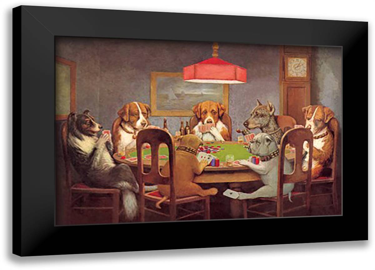 Passing the Ace Under the Table (Dog Poker) 22x16 Black Modern Wood Framed Art Print Poster by Coolidge, Cassius Marcellus