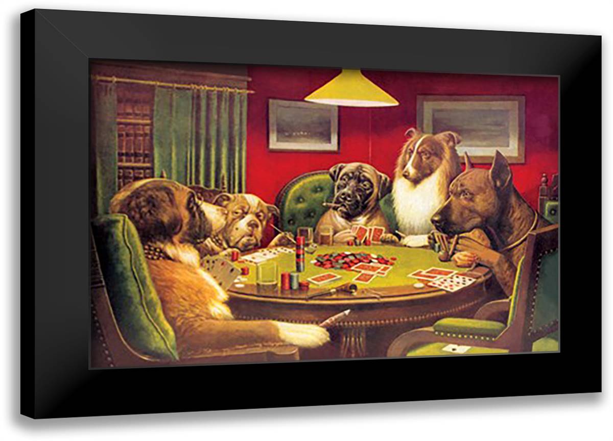 Dog Poker - "Is the St. Bernard Bluffing?" 22x16 Black Modern Wood Framed Art Print Poster by Coolidge, Cassius Marcellus