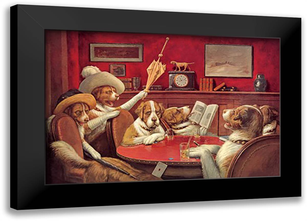 Dog Poker - "This Game Is Over" 22x16 Black Modern Wood Framed Art Print Poster by Coolidge, Cassius Marcellus