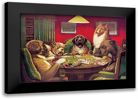 Dog Poker - "Stun, Shock & the Win" 22x16 Black Modern Wood Framed Art Print Poster by Coolidge, Cassius Marcellus