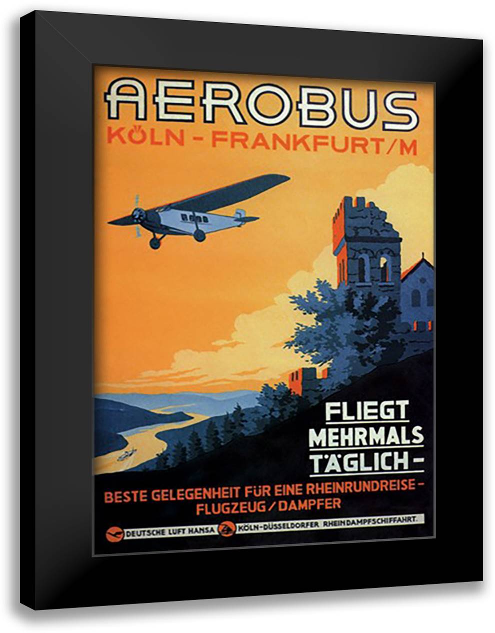 Cologne Frankfurt Aerobus & Rhine Castle 16x22 Black Modern Wood Framed Art Print Poster by Siegwardt, K.