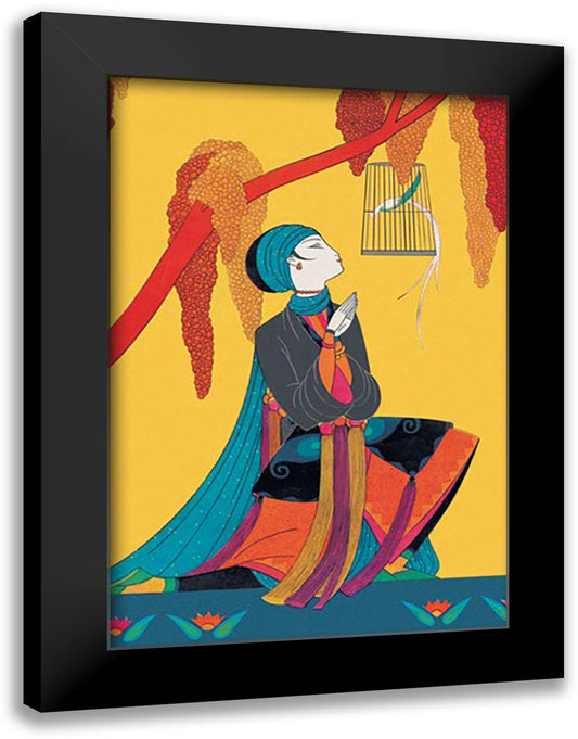 Bird and Kneeling Girl 16x22 Black Modern Wood Framed Art Print Poster