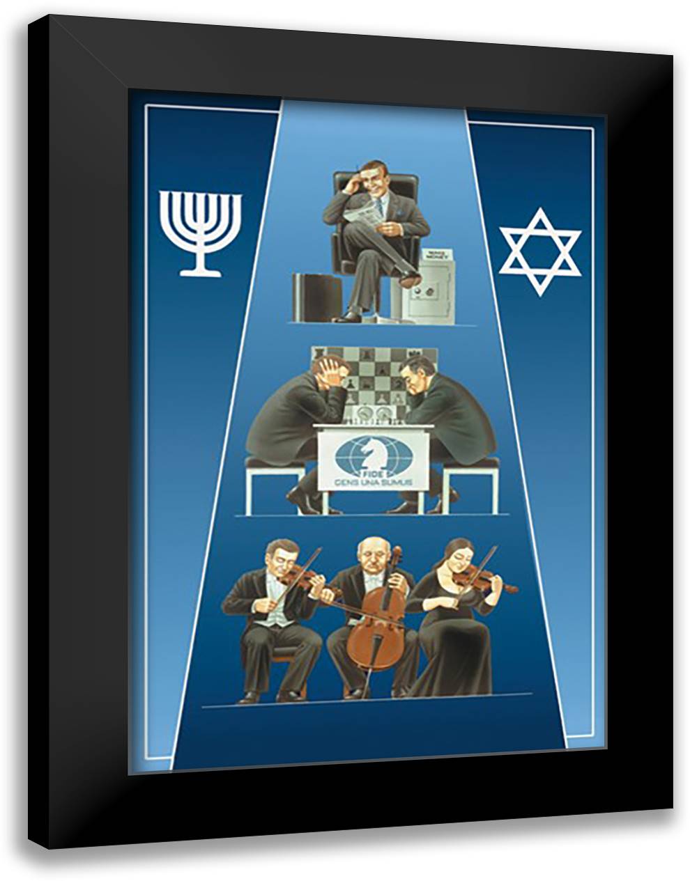1 Jew (Banker) 2 Jews (Chess) 3 Jews (Orchestra) 16x22 Black Modern Wood Framed Art Print Poster by Deeva, Dimitri