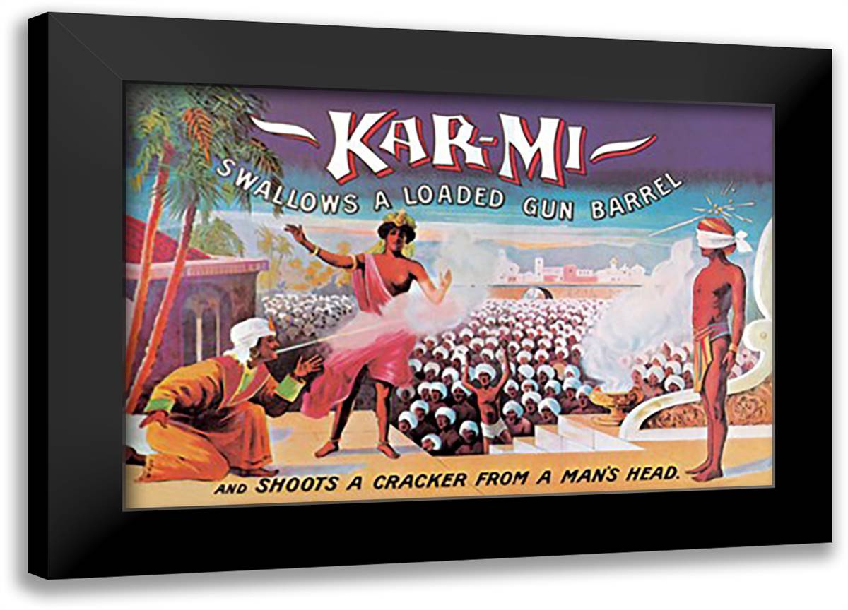 Kar-Mi Swallows a Loaded Gun Barrel and Shoots a Cracker from a Man's Head 22x16 Black Modern Wood Framed Art Print Poster by Hallworth, Joseph B.