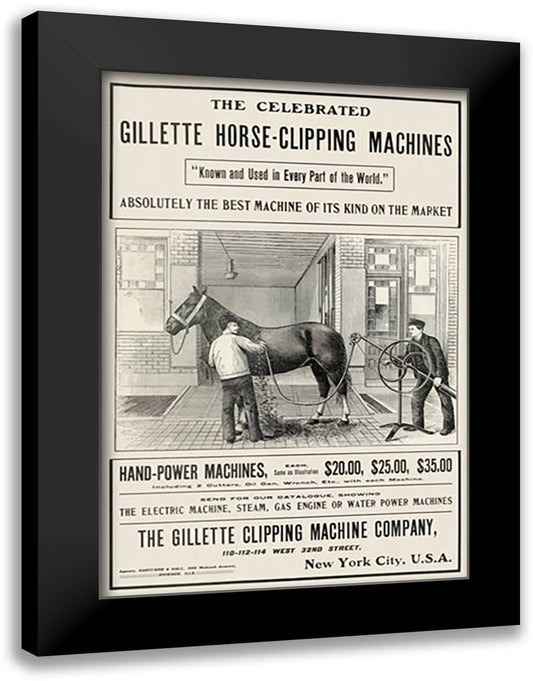 Celebrated Gillette Horse-Clipping Machines 16x22 Black Modern Wood Framed Art Print Poster