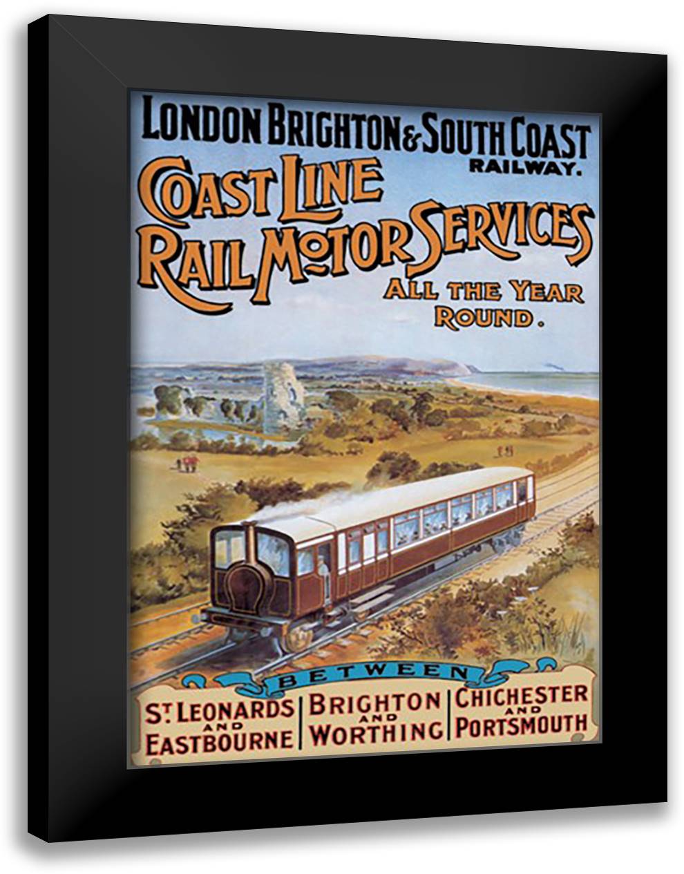 Coast Line Rail Motor Services All the Year Round 16x22 Black Modern Wood Framed Art Print Poster