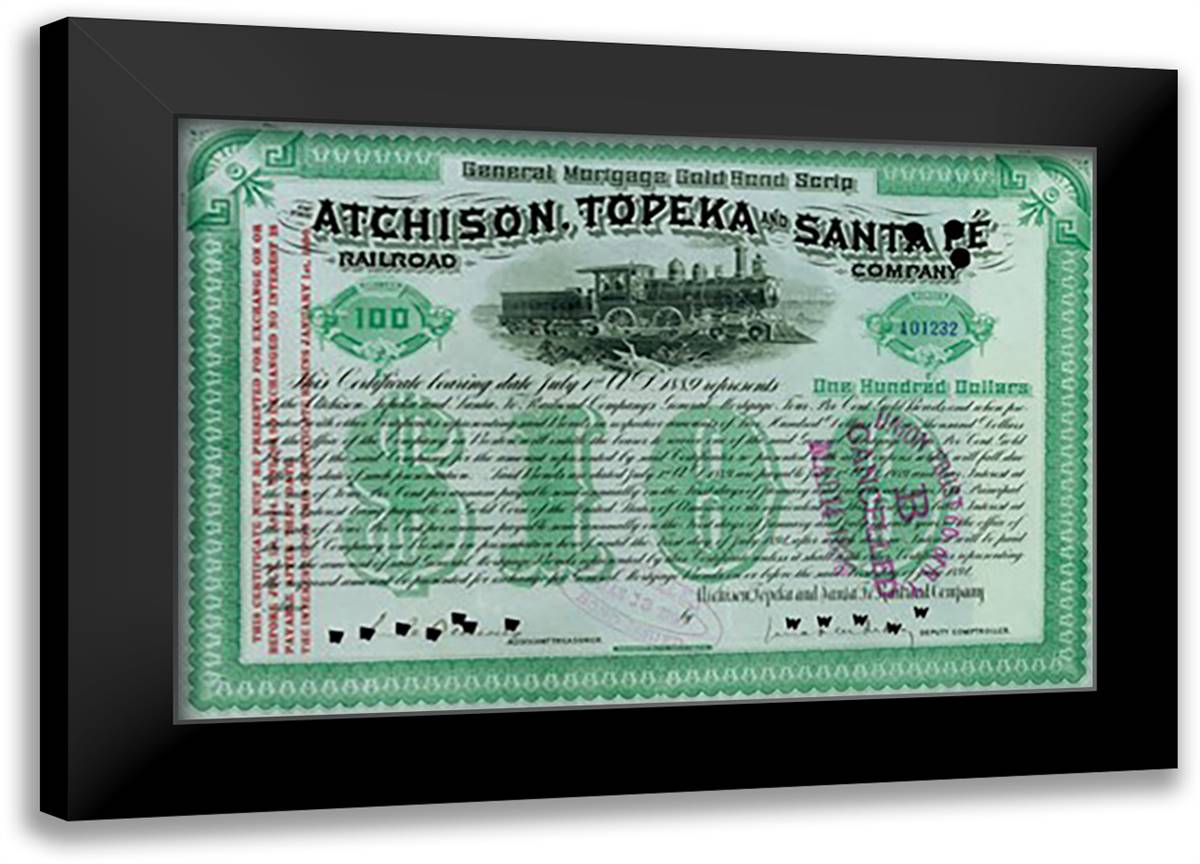 Atchison, Topeka and Santa Fe Stock Certificate 22x16 Black Modern Wood Framed Art Print Poster