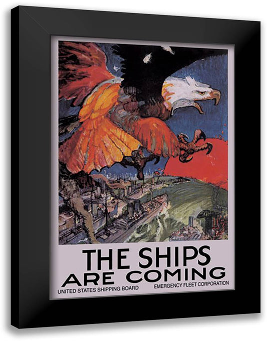 Ships are Coming - Emergency Fleet Corporation 16x22 Black Modern Wood Framed Art Print Poster