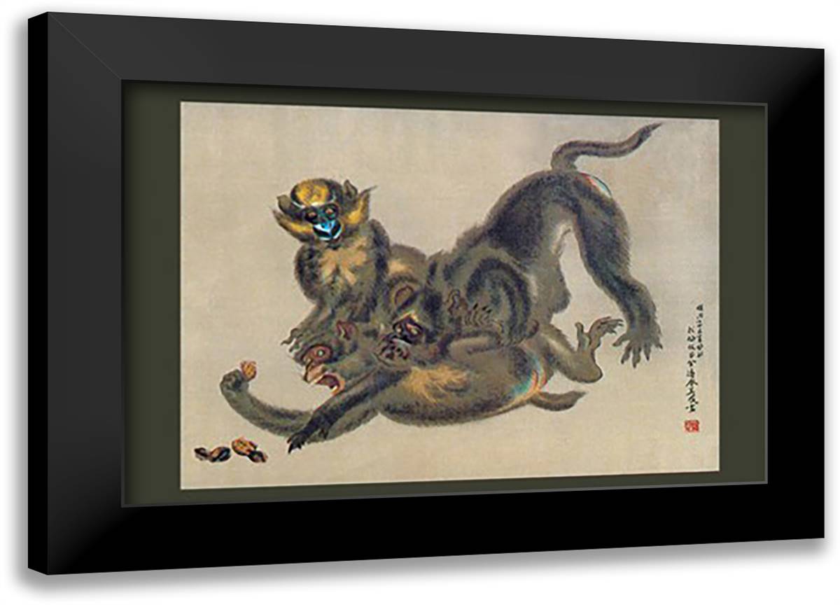 Monkey Fight 22x16 Black Modern Wood Framed Art Print Poster