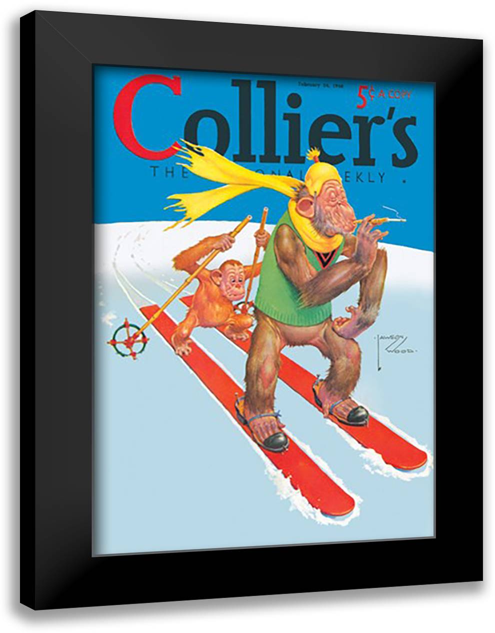 Skiing Monkeys 16x22 Black Modern Wood Framed Art Print Poster by Wood, Lawson
