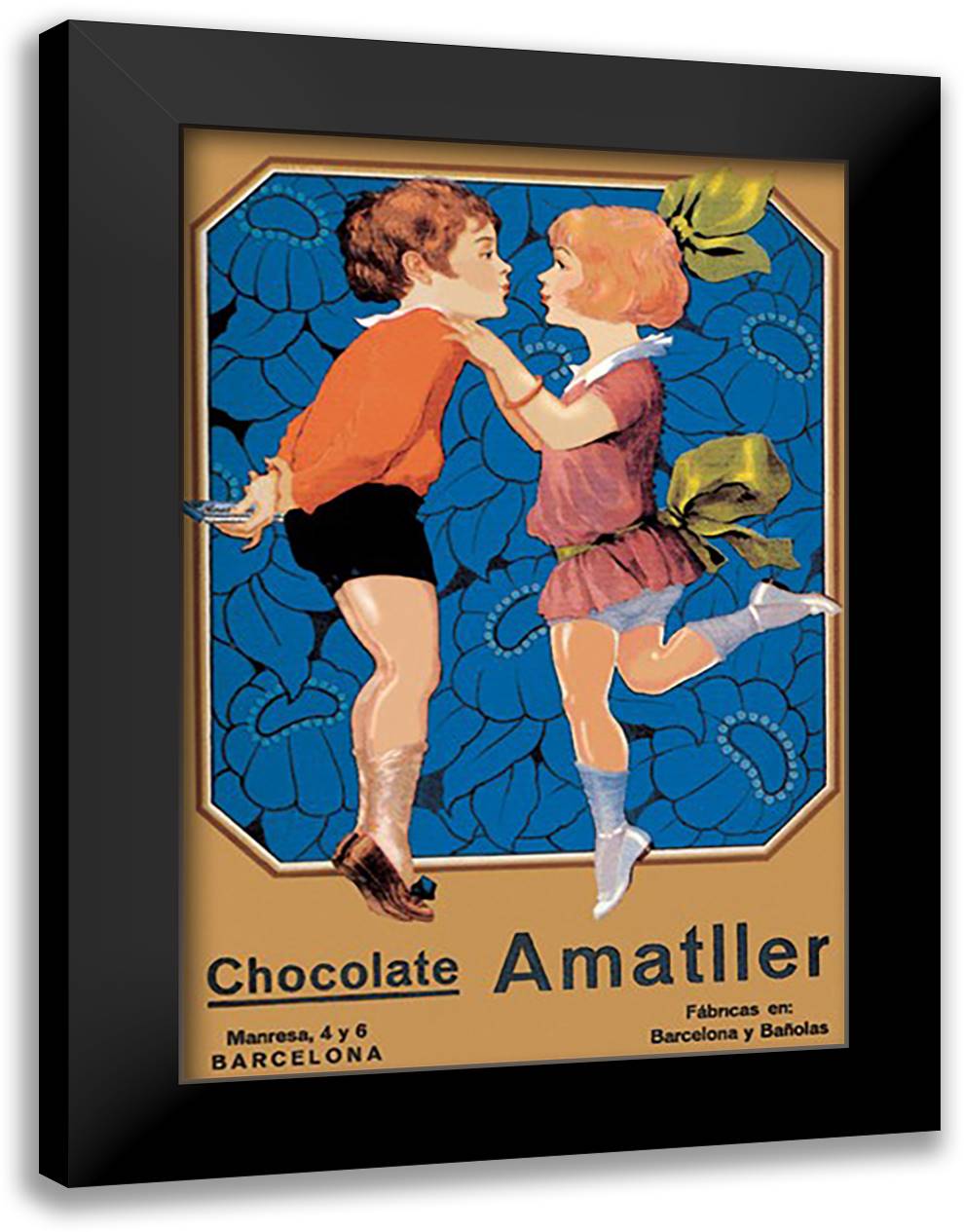 Chocolate Amatller: Barcelona (Kissing Children) 16x22 Black Modern Wood Framed Art Print Poster